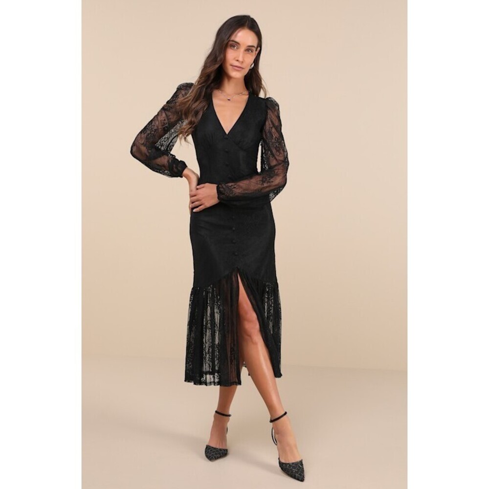 Lulus Perfect Tendencies Black Lace Button-front Midi Dress - Size XS
